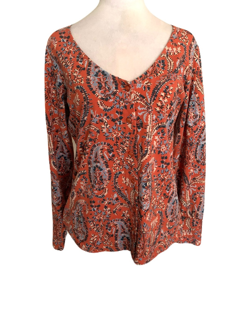 Spartina 449 Women’s Small Burnt Orange Paisley V-Neck Long Sleeve Button Top